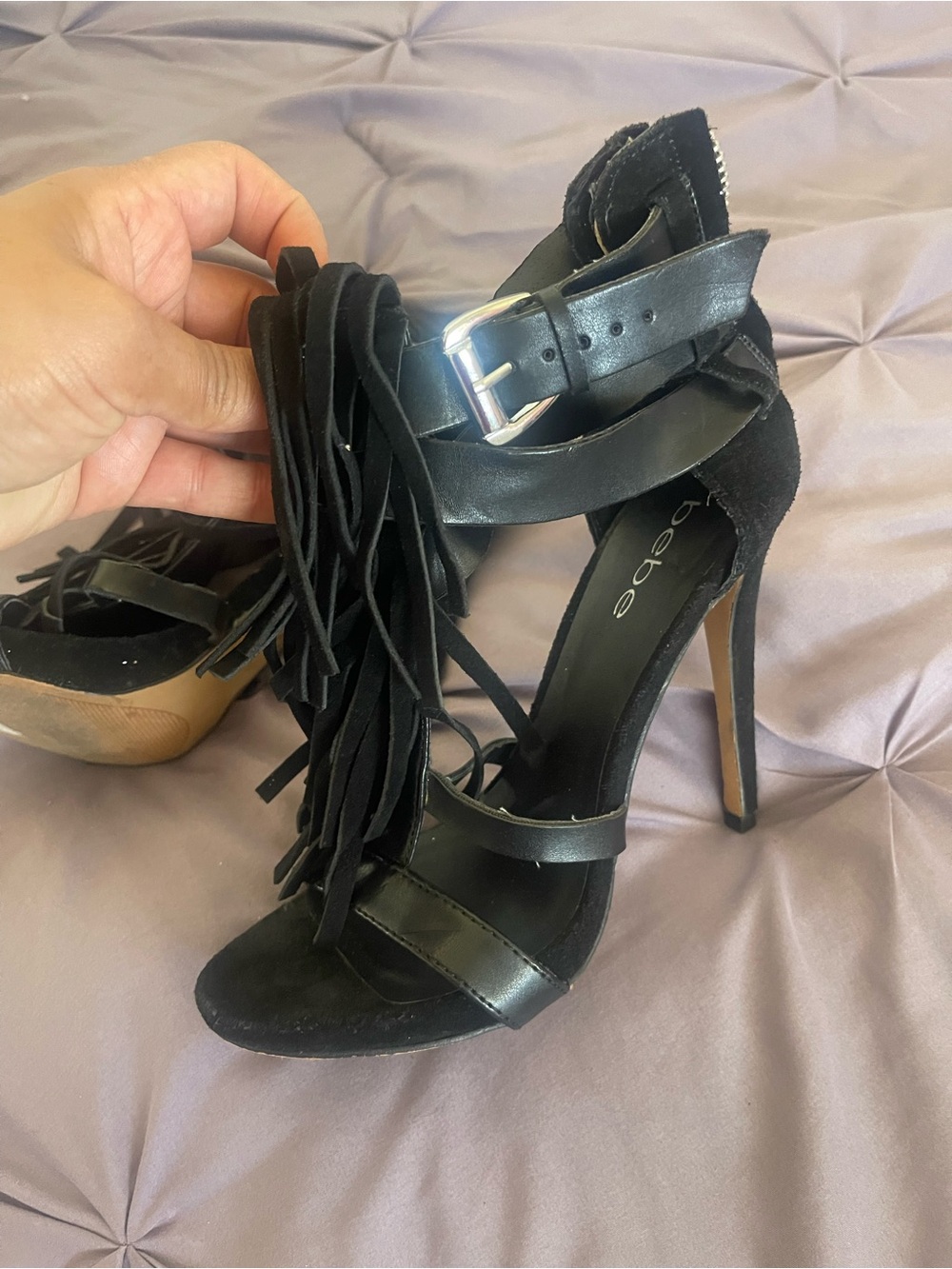 bebe Black Fringe Ankle-Strap Stiletto Heels